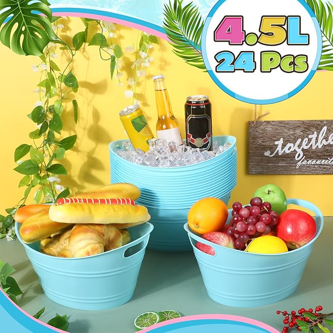 Norme 24 Pcs Oval Storage Tub with Handles, 4.5L Plastic Ice Bucket Wine Beer Champagne Bottle Drink Cooler Tub for Parties Beverage, Storage Basket (Sky Blue)
