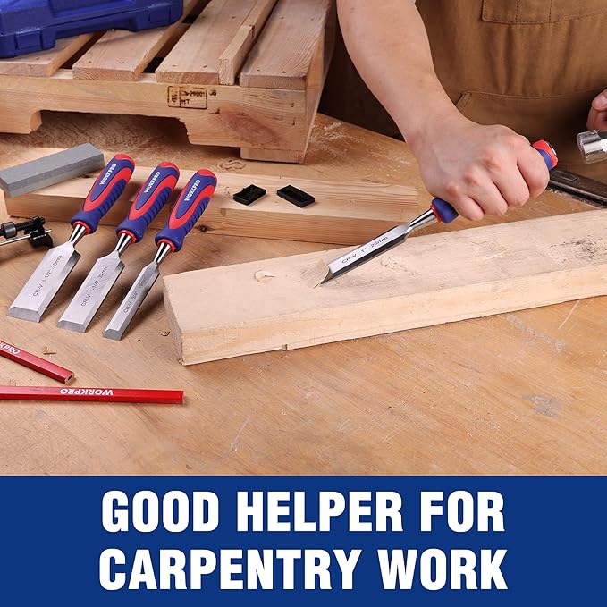 WORKPRO 10-Piece Wood Chisel Set for Woodworking, Cr-V Bevel Edge Chisels (1/4", 1/2", 3/4", 1", 1-1/4", 1-1/2") with Sharpening Stone, Honing Guide, Carpenter Pencils & Storage Case