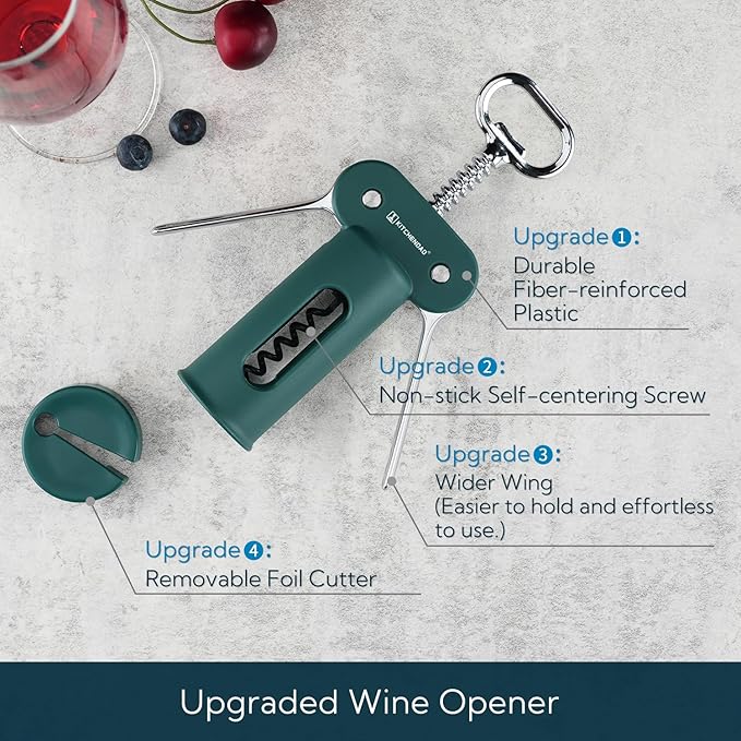KITCHENDAO 3 in 1 Wing Corkscrew Wine Bottle Opener with Foil Cutter, Built-in Beer Bottle Opener, Multifunctional Wine Opener with Non-Stick Sharp Screw,Easy to Use, Manual Wine Corkscrew，Green