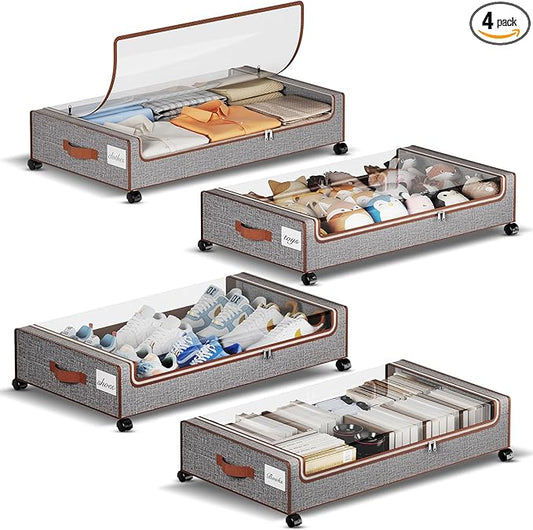 Yecaye Under Bed Storage with Wheels, 4 Pack Under Bed Storage Containers with Clear Lids & Label, XXL Large Lapacity Rolling Under Bed Drawers for Clothes, Shoes, Blankets