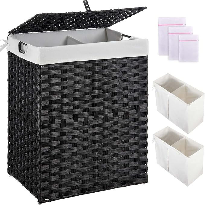 Greenstell Laundry Hamper with 2 Removable Liner Bags, Foldable Divided Clothes Hamper, 90L Handwoven Synthetic Rattan Laundry Basket with Lid and Handles, Easy to Install Black 18.3x13.3x24 Inches