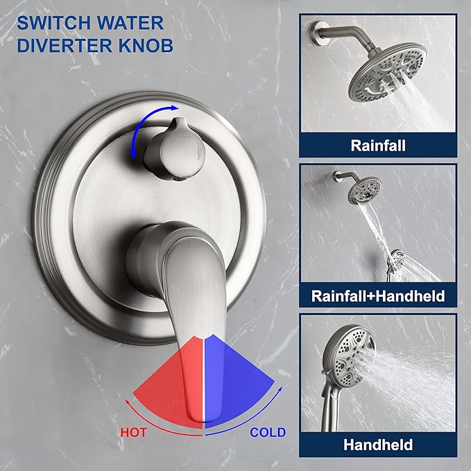 SHAMANDA 15-Function Shower System with Valve and Trim, Bathroom Luxury Shower Faucets Sets Complete with 9 Setting Handheld showerhead & 6 Setting Rain Shower, Wall mounted, Brushed Nickel, L8082-2