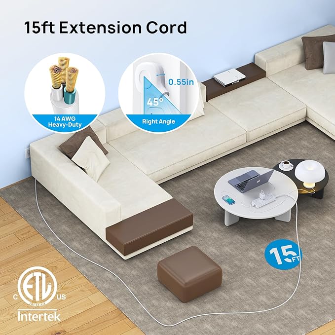 TROND Surge Protector Power Strip, Flat Plug 15ft Long Extension Cord, 10 Widely Spaced AC Outlets, 2 USB A & 2 USB C Ports, 4000J, ETL Listed, Wall Mountable, for Home Office Entertainment, White