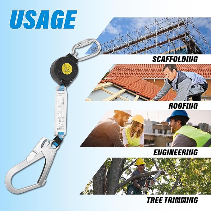 11FT Self Retracting Lifeline, Retractable Safety Lanyard 11ft Fall Protection with Swivel Top Rebar Hook and Shock Pack Absorber, Fall Protection Lanyard 11ft for House Construction Industry