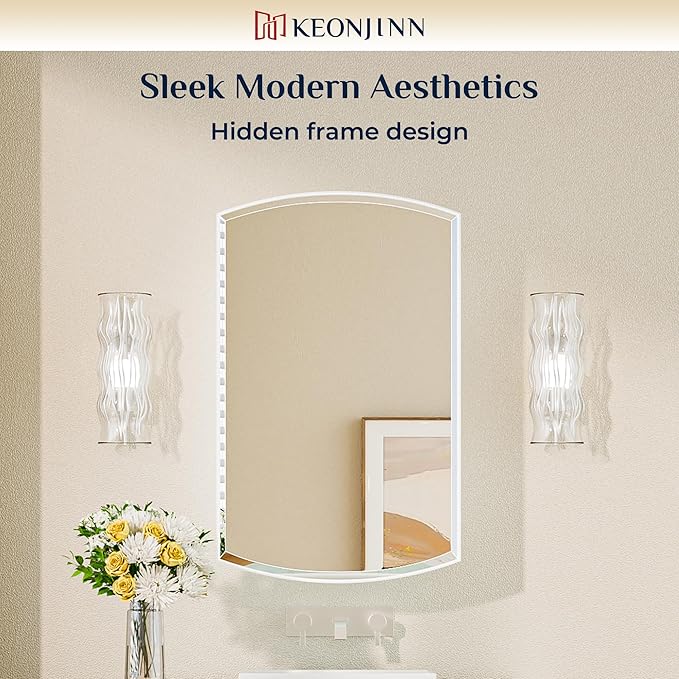 Keonjinn White Medicine Cabinet with Mirror 20” x 30”, Metal Framed Wall Cabinet with Beveled Mirror, Surface Mount or Recessed Medicine Cabinet for Bathroom, Bathroom Mirror with Storage