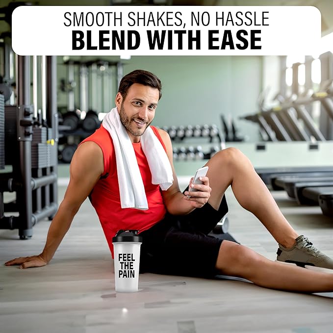 Shaker Bottles for Protein Shakes 24oz, Plastic Bottle for Pre and Post Workout, Protein Shaker Bottle with Wire Whisk Ball, Shaker Cup, Dishwasher Safe (FEEL THE PAIN, WHITE)