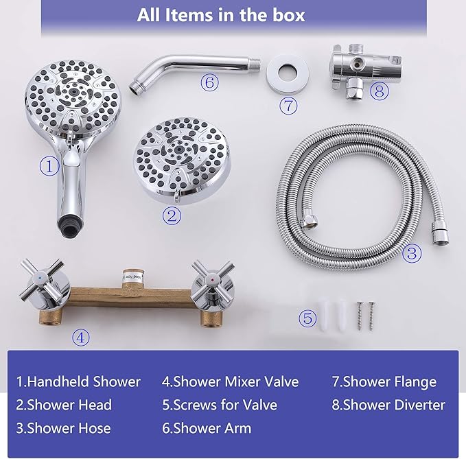 2 Handle Shower Faucet Set Shower System Complete 2 in 1 Shower Combo Set with Handheld Showerhead Shower Trim Kit Wall Mounted Shower Fixtures Chrome