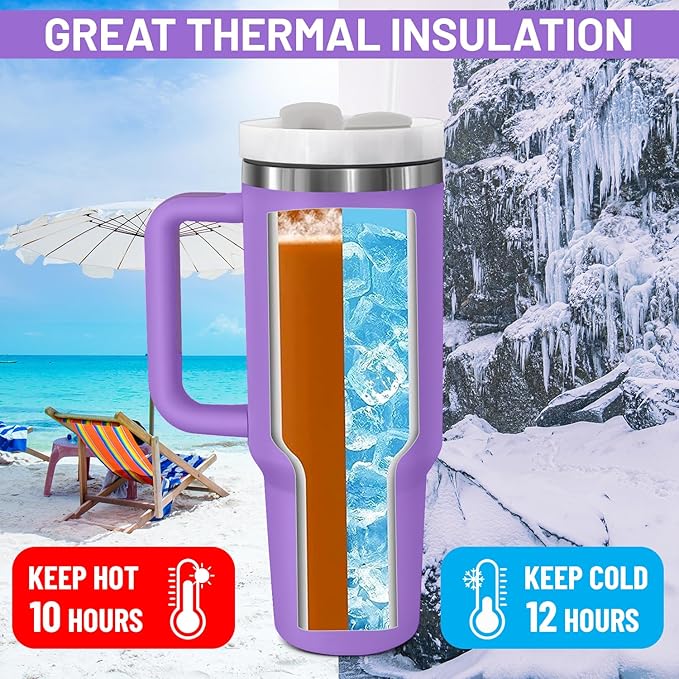 40oz stainless Steel Insulated Tumbler with Handle, lid and straw for cold water, Iced tea, or coffee - 100% Leak-Proof - Cupholder Friendly Travel Mug- Gifts for Women Men Him Her (Purple)