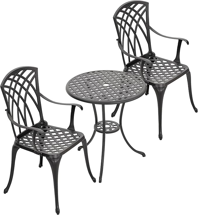 NUU GARDEN 3-Piece Patio Bistro Set, Cast Aluminum Table and 2 Chairs with Umbrella Hole, Outdoor Bistro Set for Patio or Backyard, Black