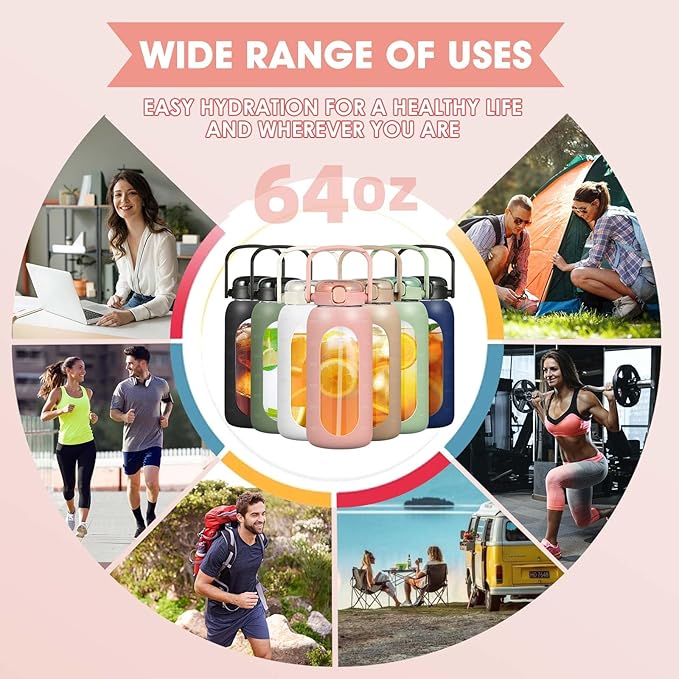 Glass Water Bottles 64 oz - Large Half Gallon Motivational Glass Water Bottle with Time Marker Straw Phone Holder Handle, 64oz Daily Water Intake Jug with Silicone Sleeve for Office Work Gym Pink