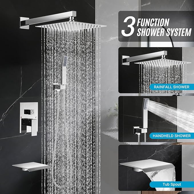 Rain Shower Faucet Set Wall Mounted Rainfall with Tub Spout Shower Head System Rough-in Valve Body and Trim Included Chrome (10 Inches)