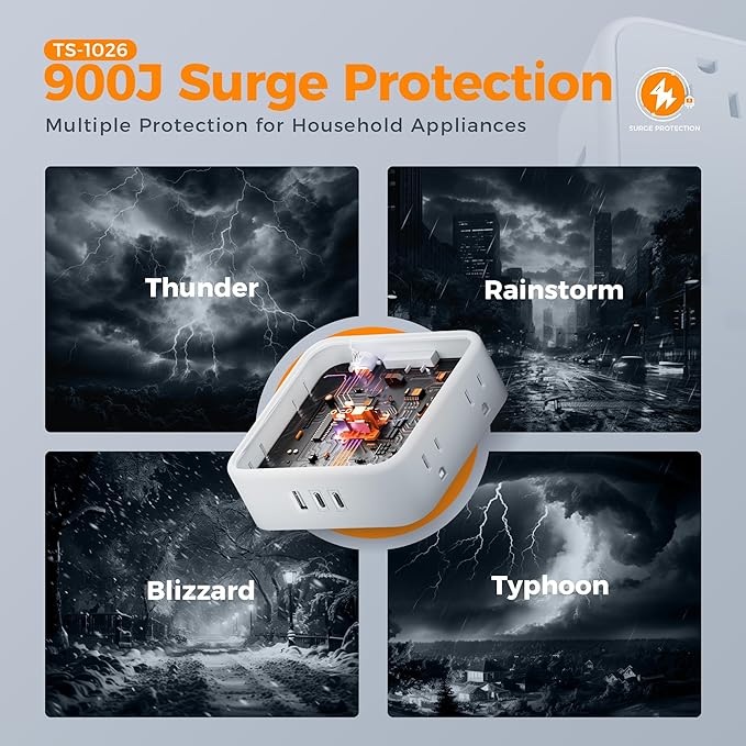 Surge Protector Power Strip, TESSAN Flat Plug Extension Cord with Multiple Outlets, 8 AC Outlets, 3 USB Ports(2 USB C), 5 Ft, 900 Joules Protection, 3-Sided Charging Station for Home Office Dorm Room