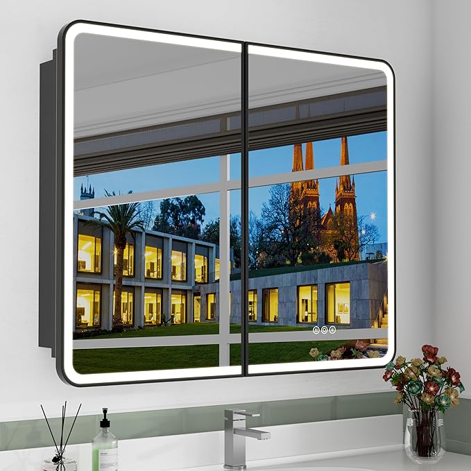 36x30 Inch Medicine Cabinet with Mirror, Recessed or Surface Mount Bathroom Medicine Cabinet with LED Lights, Anti-Fog, Memory Function, Adjustable Shelf, Dimmable Light, ETL Listed, Black