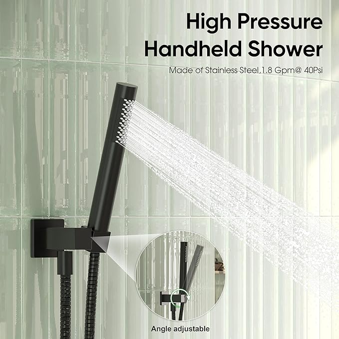 Esnbia Shower Faucet Set, Black Shower System with 10 Inches Rain Head and Handheld Spray, 2 Way Valve Kit, Matte Black