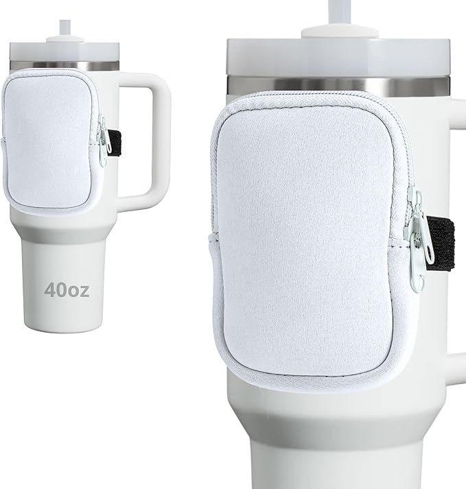 Water Bottle Pouch for Stanley Cups with 20oz 30oz 40oz Stanley Quencher Adventure & Stanley IceFlow, Gym Accessories for Women Tumbler Pouch with Strap & Zipper Cup Purse for Card Keys (White, Small)
