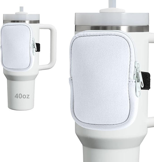 Water Bottle Pouch for Stanley Cups with 20oz 30oz 40oz Stanley Quencher Adventure & Stanley IceFlow, Gym Accessories for Women Tumbler Pouch with Strap & Zipper Cup Purse for Card Keys (White, Small)
