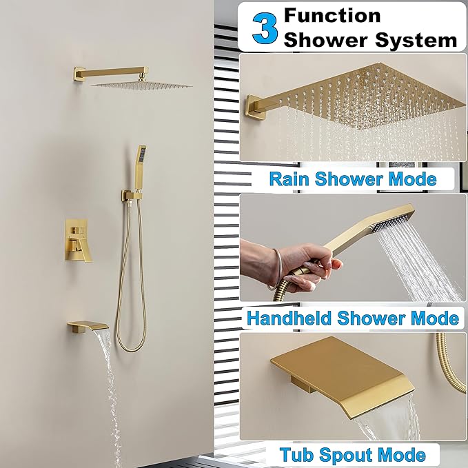 10 Inch Shower Faucet Set with Tub Spout Wall Mounted Shower System for Bathroom with High Pressure 10 Inch Rain Shower head and Handheld Shower Head Set, Brushed Gold