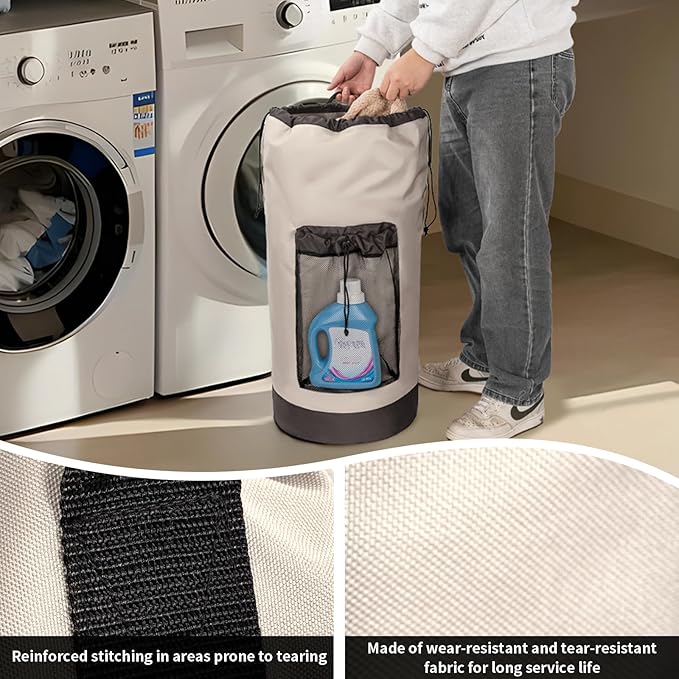 Laundry Bag Backpack with Shoulder Straps and Mesh Pocket Foldable Laundry Hamper for College, Apartment, Laundromat (Grey)