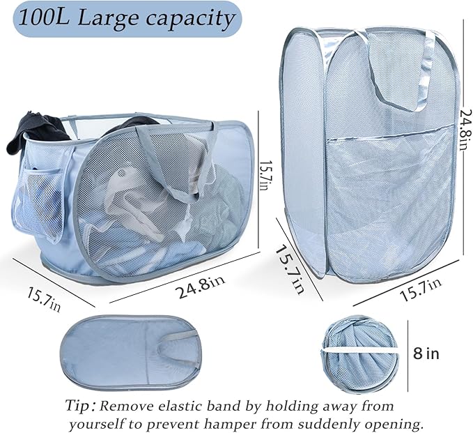 Extra Large Mesh Pop Up Laundry Hamper 2 Pack, 100L Foldable Laundry Baskets, Dirty Clothes Hamper with Pocket, Collapsible Hampers for Travel, Dorm or Home. Grey H+V