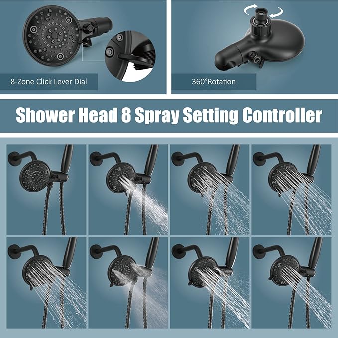 Aolemi Shower Faucet Set Rain Shower Head System Shower Trim Kit Pressure Rough-in Valve Included ABS 8 Setting Dual Shower Head and Handheld Spray Matte Black