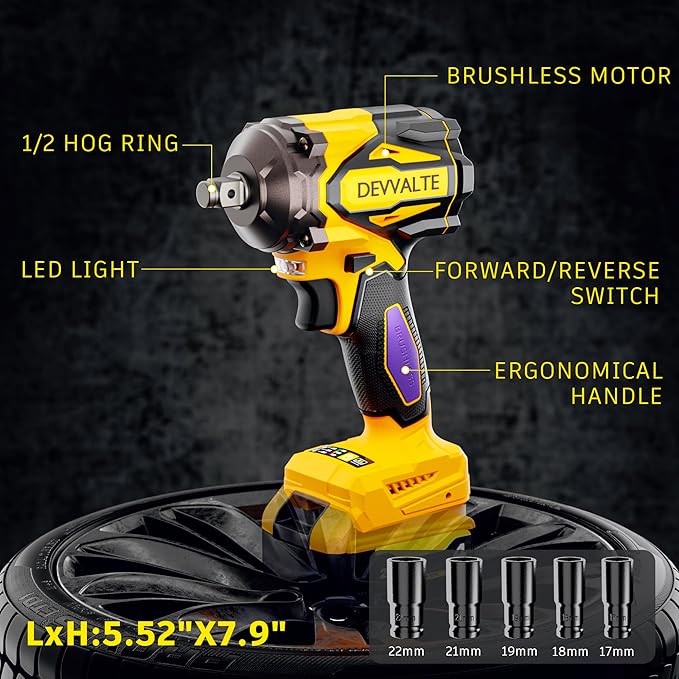 Cordless Impact Wrench for DeWalt 20V Battery,1/2 inch Power Impact Wrench, Brushless Electric Impact Gun 665Ft-lbs(900N.m) High Torque Impact Driver with 3-Mode, LED Work Light(No Battery)