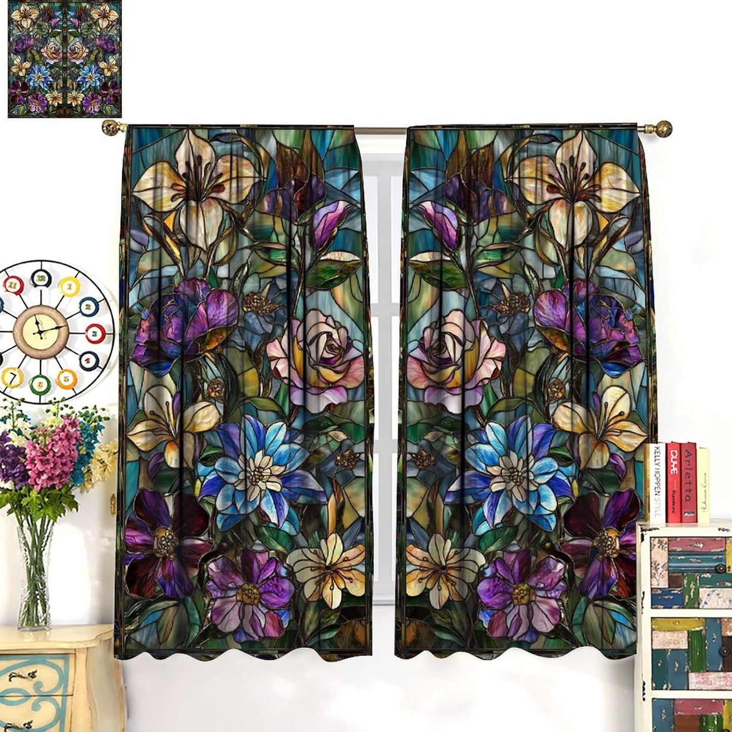 Stained Glass Curtains,Retro Colored Glass Flowers Art Home Decor Drapes for Bedroom Living Room Kitchen Window Treatment 2 Panels Set Total Size 42" W X 54" L Inch