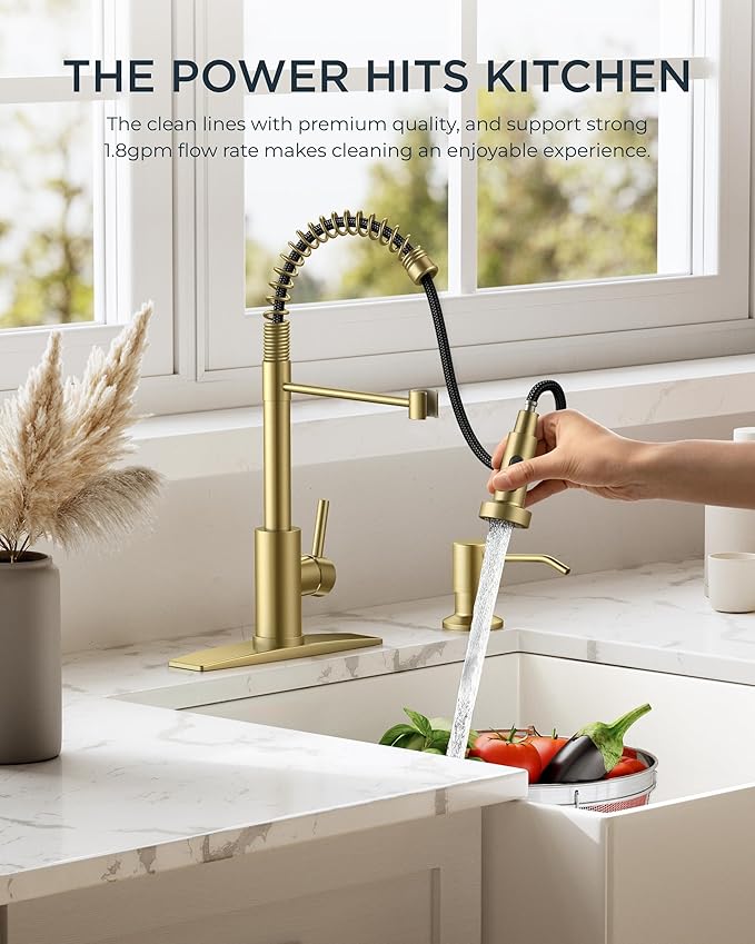 FORIOUS Kitchen Faucet with Soap Dispenser, Gold Stainless Steel Spring Sink Faucet with Pull Down Sprayer Transitional Single Handle for Pot Filler, Farmhouse Camper Bar Laundry Room