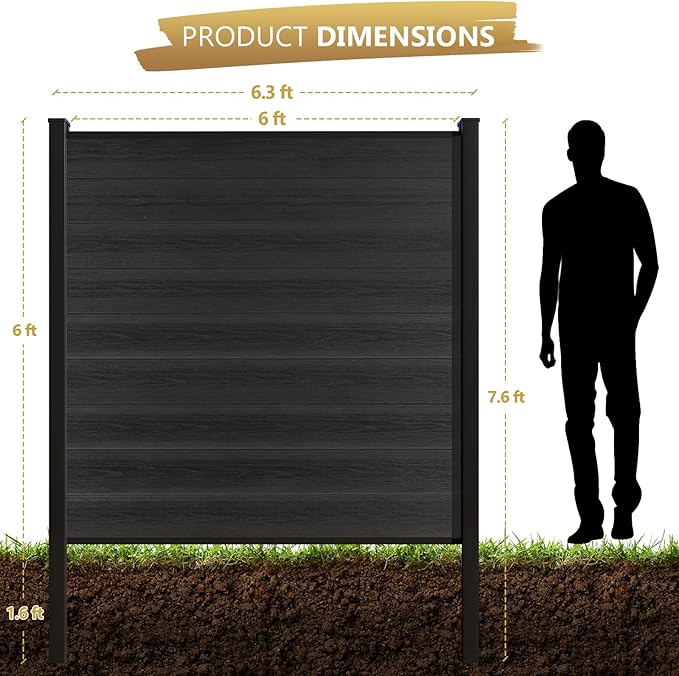 6 Feet×6 Feet Privacy Fence, Outdoor Wood Plastic Composite Fence Panel, Waterproof Security Barriers Fencing (Black with Two 7.6FT Posts)