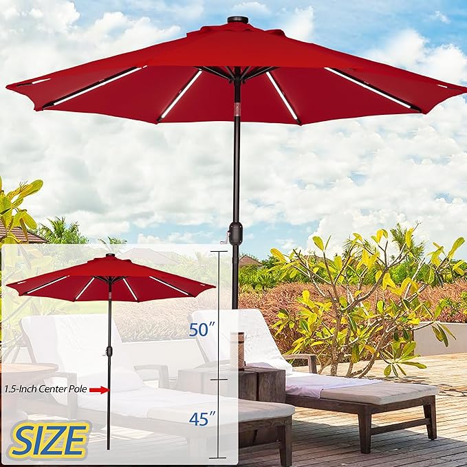 Sunnyglade 9FT Outdoor Solar LED Lighted Patio Umbrella with 8 LED Strip Lights & 8 Ribs, Convenient Crank Lift System