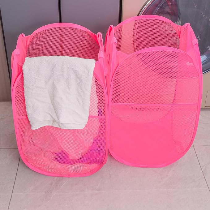 Collapsible Mesh Laundry Basket，Pop Up Laundry Hamper-Easy Storage, Ideal for Home and Travel Use (2 rose)