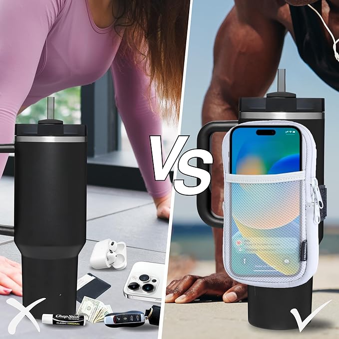 Water Bottle Pouch for Stanley Cups with 20oz 30oz 40oz Stanley Quencher Adventure & Stanley IceFlow, Gym Accessories for Women Tumbler Pouch with Strap & Zipper Cup Purse for Card Keys (White, Large)