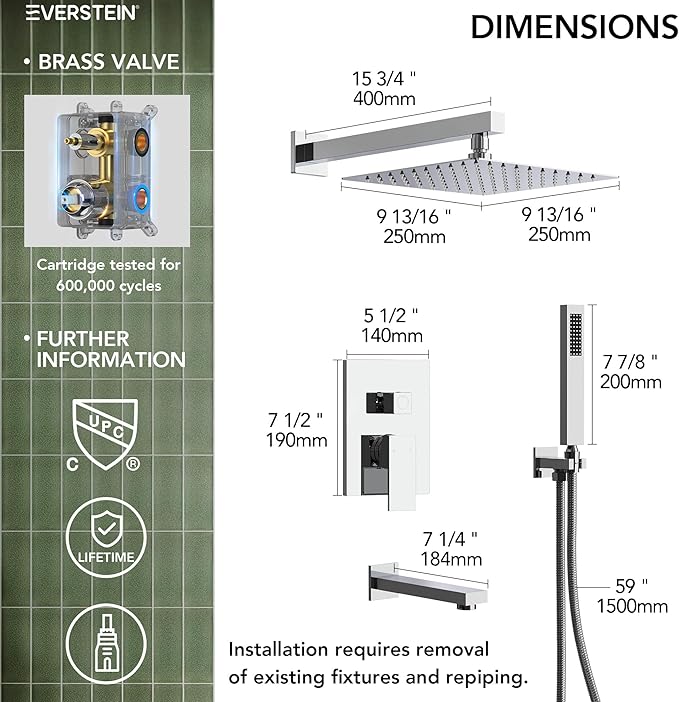 Shower Tub Faucet Set, 10" Bathroom Rainfall Shower Head Fixtures Combo with Handheld Spray and Tub Spout, Chrome