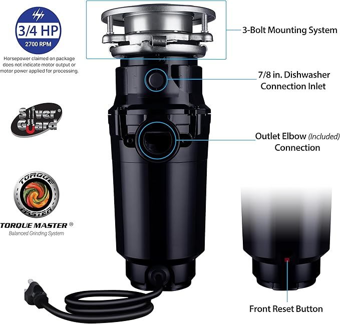 Waste Maid 10-US-WM-458-SL-3B Garbage Disposal Anti-Jam Stainless Steel Food Waste Grinding System, 3/4 HP Slim Line, Black