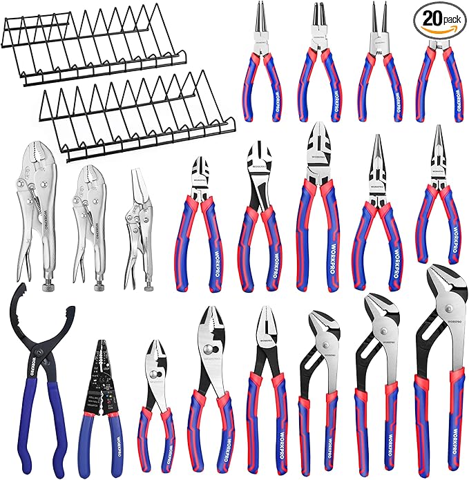 WORKPRO Pliers Set, 20-Piece Full Assortment of Pliers with 2-pack Plier Organizer Rack, Great Fits for Tool Box Drawer or Tool Chest, Ideal as Holiday, Fathers' Day and Christmas Gift