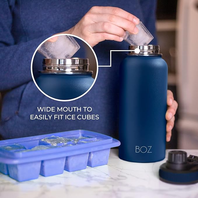 BOZ Stainless Steel Water Bottle - Vaccum Insulated Water Bottle 32 Oz - Wide Mouth BPA Free Sport Water Bottle for Gym with Spout Lid - Thermal Hot & Cold 1 Litre Blue Waterbottle