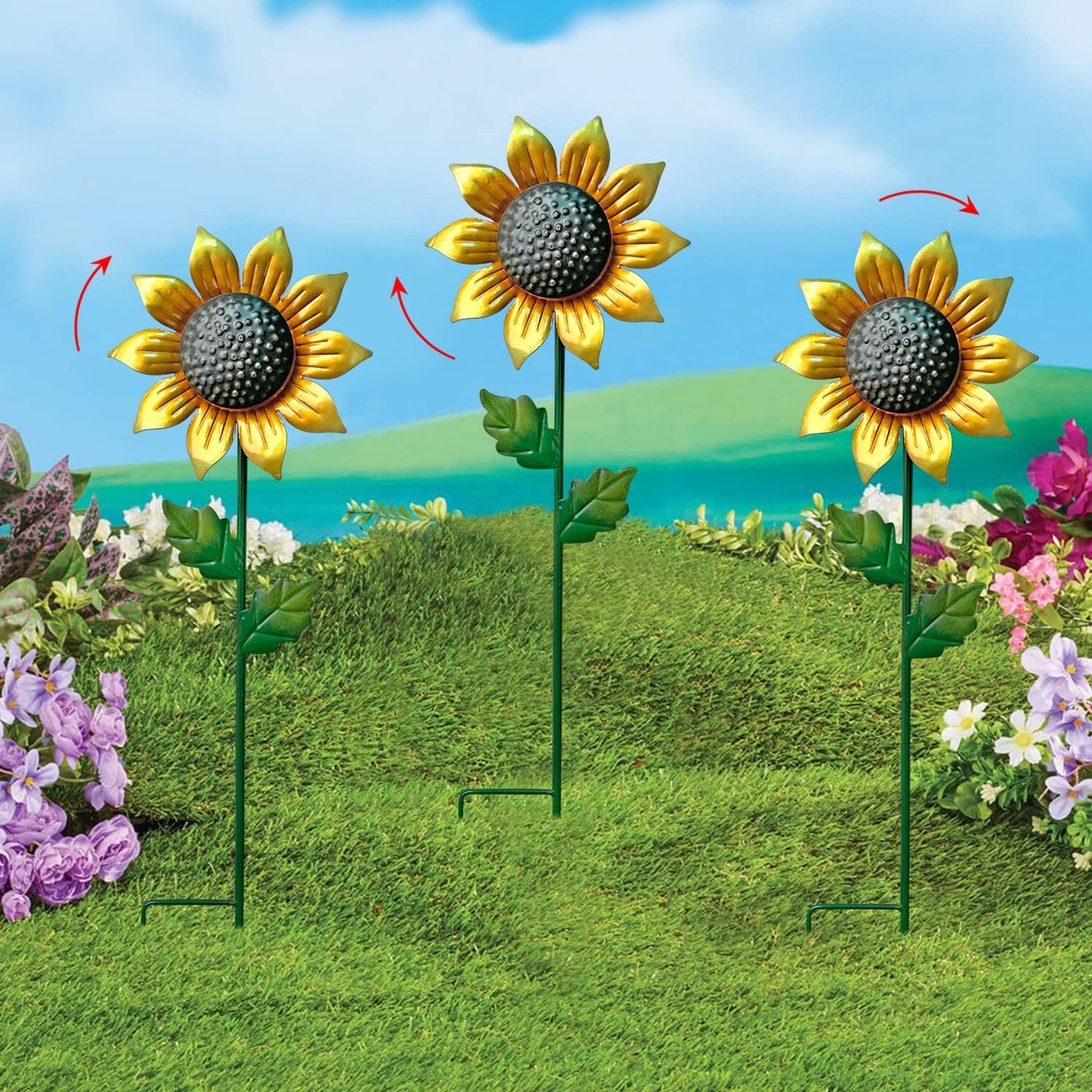 WAIU Metal Sunflower Flower Garden Stakes, Wind Catcher Spinner Garden Stakes, Garden Windmill Stakes Outdoor Wind Catchers, Yard Decor Stakes, Set of 3
