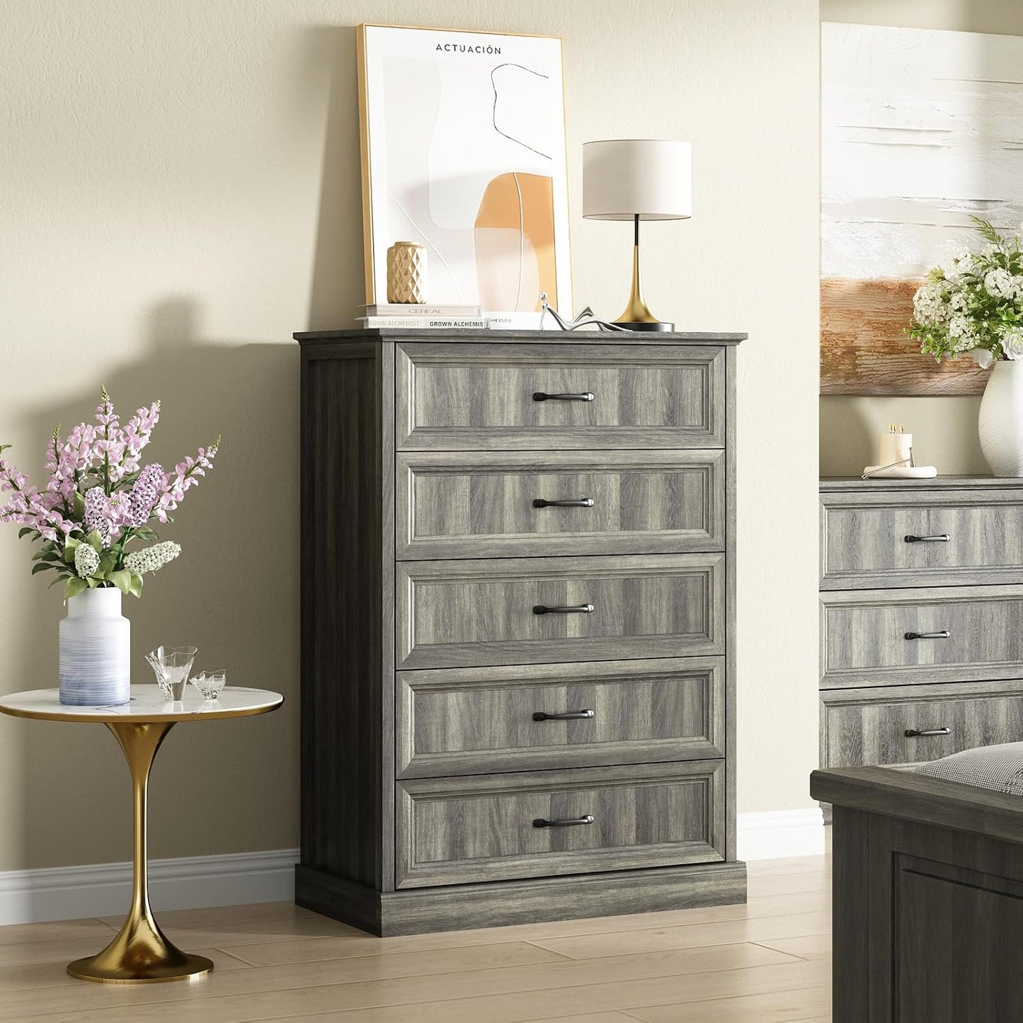 Farmhouse 5 Drawers Dresser for Bedroom, 44" Tall Grey dresser Wood Rustic Chest of Drawers with Wide Metal Handle,Natural Texture,Drawer Organizer for Bedroom,Living Room,Hallway and Entryway