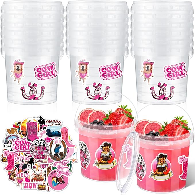 PerKoop 20 Pcs 32 oz Ice Cream Buckets with Lids and Handles Clear Cocktail Rum Buckets for Drinks with 200 Cowgirl Stickers Plastic Transparent Tub Reusable Food Storage Containers for Parties
