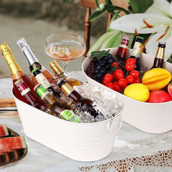 Galvanized Tub Beverage Tubs, 3pcs Metal Ice Buckets for Cocktail Bar 3 Gallon Wine Beer Drink Buckets with Handles Large Tin Tub Cooler Mimosa Bar Supplies Ice Bucket (White)