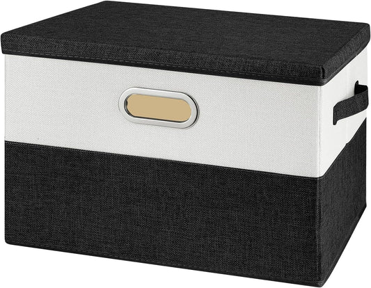 Large Linen Fabric Foldable Storage Bins with Removable Lid and Handles, Washable Storage Box Organizer Containers Baskets Cube with Cover for Bedroom,Closet,Office (Black&White, Medium)