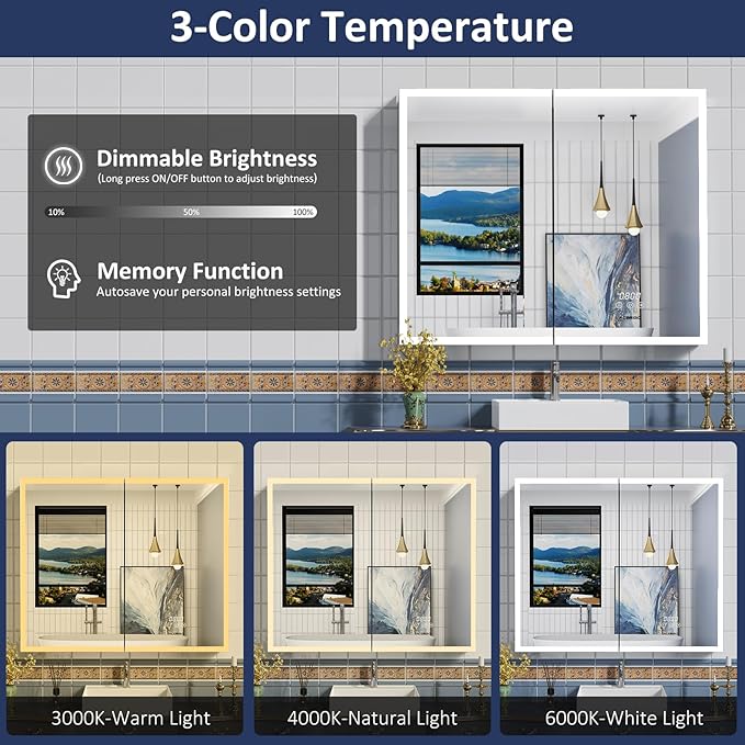 36"×30" Lighted Medicine Cabinet with Mirror, Surface or Recessed Bathroom Mirror Medicine Cabinet with Clock & Temp Display, Defogger, Dimming, Built-in Outlet & USB Ports, Double Door