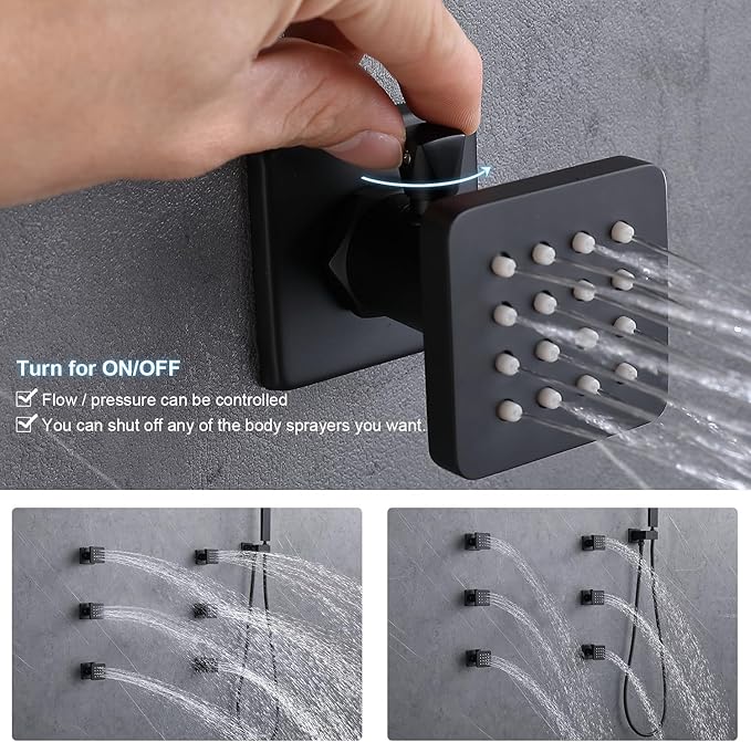 Full Body Rain Shower System - 16inch Matte Black LED Rain Shower Thermostatic Faucet Set - Spray Jet with On-off Switch, Can Run Together