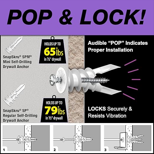 TOGGLER SnapSkru SPM Mini Self-Drilling Drywall Anchor with Screws, Glass-Filled Nylon, Made in US, for #6 to #8 Fastener Sizes (Pack of 50)