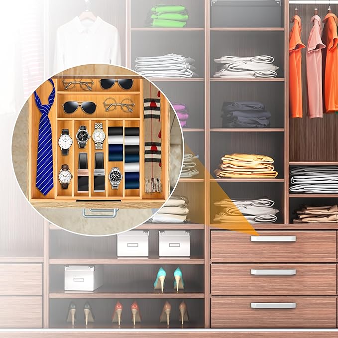 Bellsal Large Premium Bamboo Silverware Organizer - Expandable Utensil Drawer Organizer - 17"x19.6" Utensil Holder and Cutlery Tray with Grooved for Kitchen Flatware and Utensils Mother's Day Gift