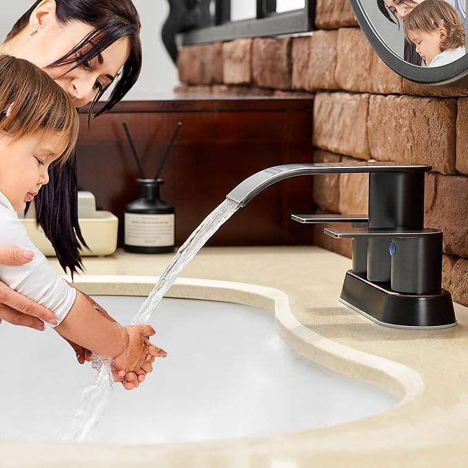 Waterfall Bathroom Sink Faucet 4 Inch Faucet 2 Handle Lead-Free Oil Rubbed Bronze, Bathroom Faucets with Pop Up Drain, 2 or 3 Holes Bathrooms Basin Lavatory Mixer Tap with Deck Mount Plate