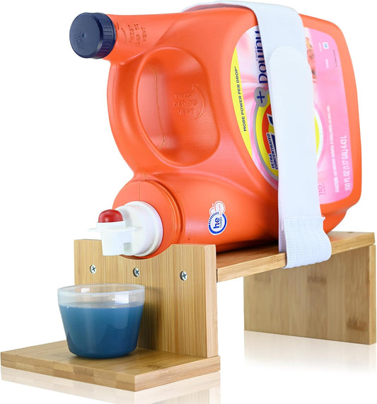 TidyFriend Laundry Detergent Dispenser with Tray & Strap, Laundry Soap Dispenser with Non-Slip Rubber Feet for Washing Room Organization, Easy Pour (Wood)