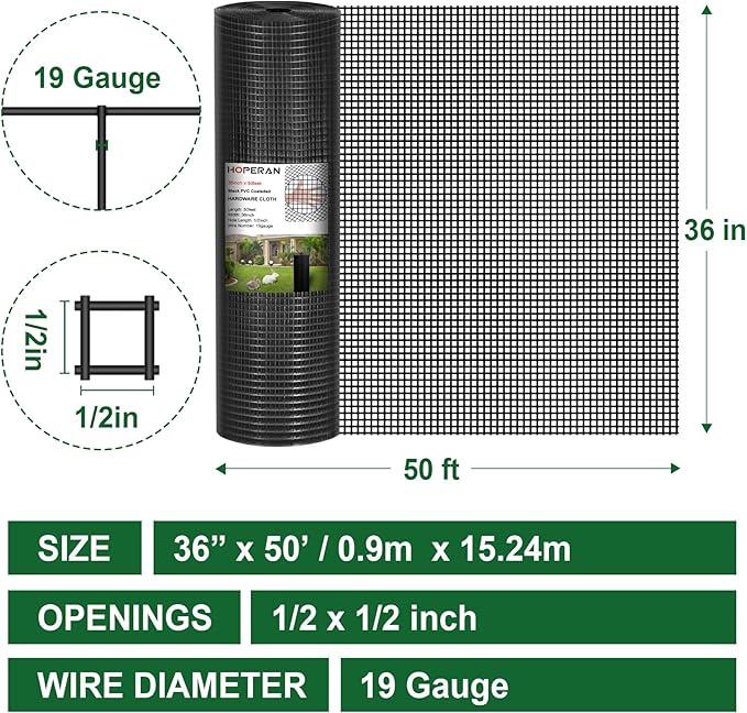 HOPERAN Black Hardware Cloth 1/2 inch 36 x 50 Ft Mesh 19 Gauge PVC Coated Chicken Wire - Vinyl + Galvanized Double Coated Fence - Welded Wire Mesh Roll for Chicken Coop Fencing Garden Fencing