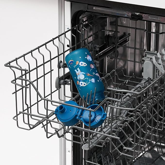 ION8 Small Water Bottle, 350 ml/12 oz, Leak Proof, Easy to Open, Secure Lock, Dishwasher Safe, BPA Free, Carry Handle, Flip Cover, Easy Clean, Odor Free, Carbon Neutral, Deep Teal, Space Travel Design