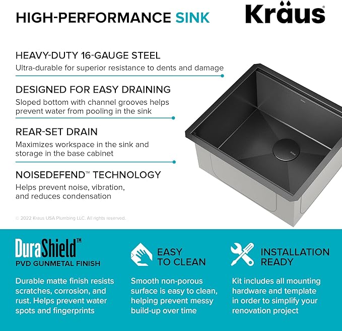 KRAUS Kore 21 Inch Undermount Workstation 16 Gauge Stainless Steel Single Bowl Kitchen Sink n PVD Gunmetal Finish with Accessories, KWU1101-21-PGM