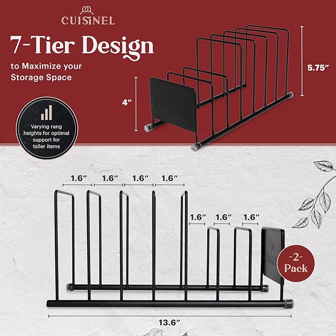 Cuisinel Lid and Dish Organizer Rack - 2-Pack Matte Black Kitchen Storage Organization Stand - Plate Holder, Pan/Pots Covers, Cutting Board and Cookie Sheet Divider - 7-Tier Cabinet/Counter Display